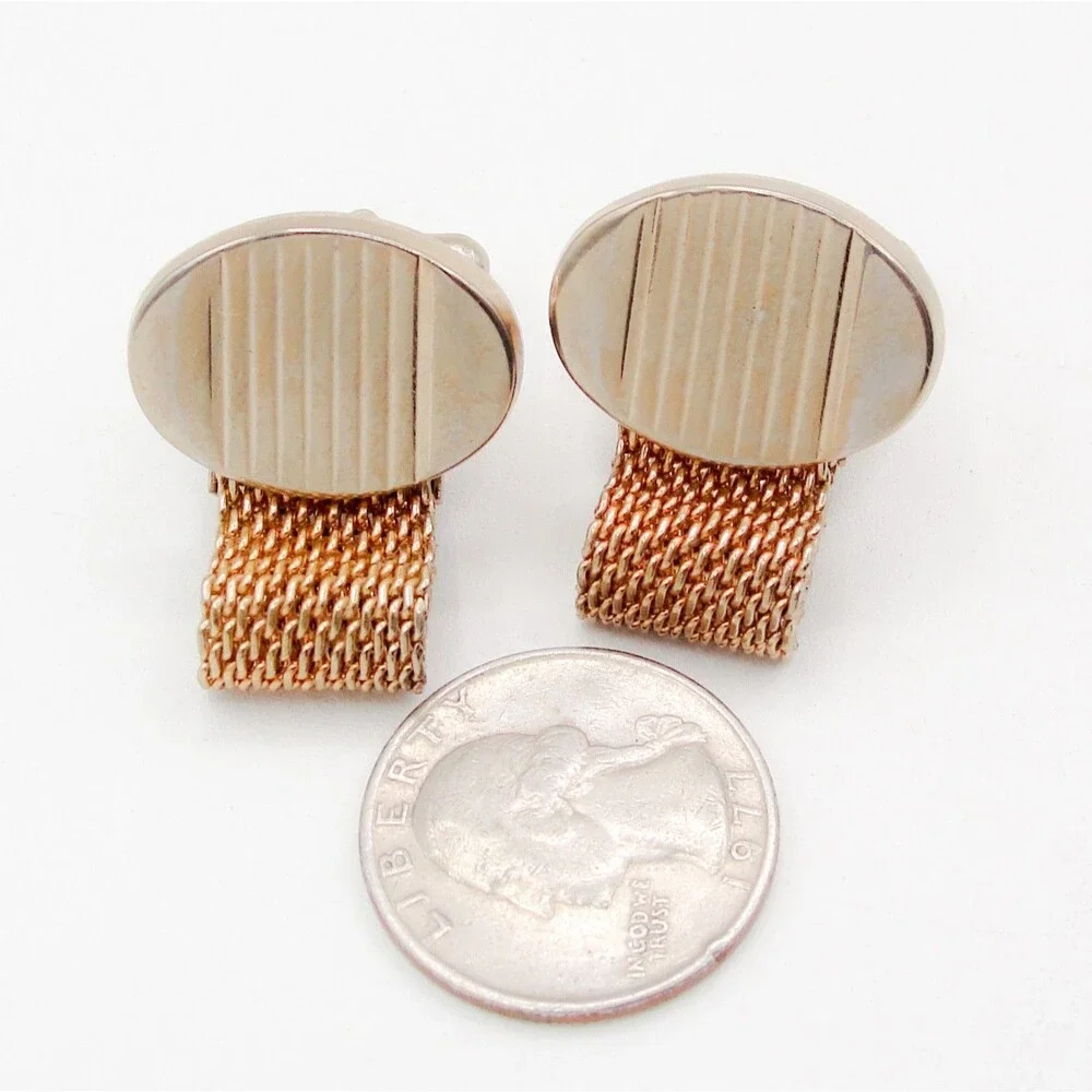 Vintage Oval Striped Lined Gold Tone Mesh Wrap Around Cufflinks Ribbed Retro MCM